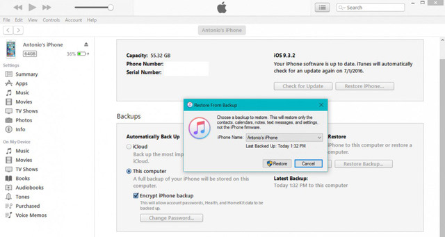 Bấm Restore và nhập lại mật khẩu Encrypt iPhone backup.