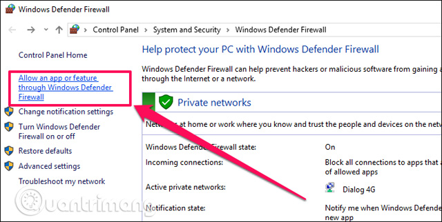 Chọn tùy chọn Allow an App or Feature Through Windows Firewall