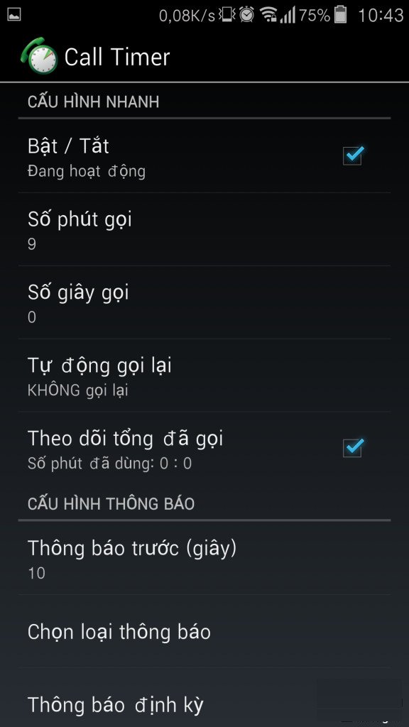 Cài đặt thời gian gọi 