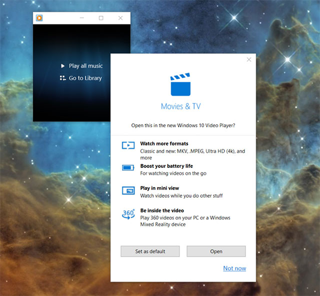 Popup hiện lên khi người dùng mở Windows Media Player trên Windows 10 
