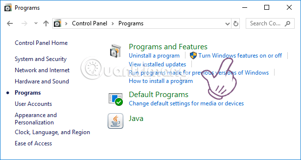 Mở Programs and Features trên Windows 10