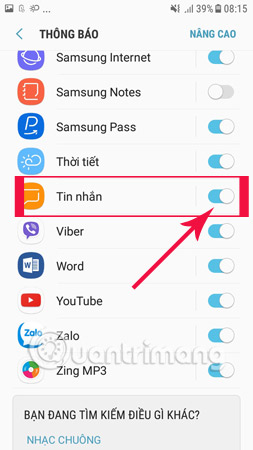 Tìm kiếm ứng dụng Tin nhắn và tắt tính năng Thông báo.