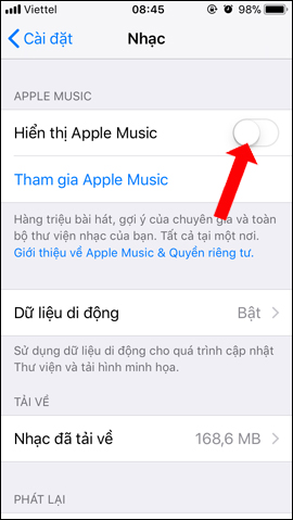 Tắt hiển thị Apple Music