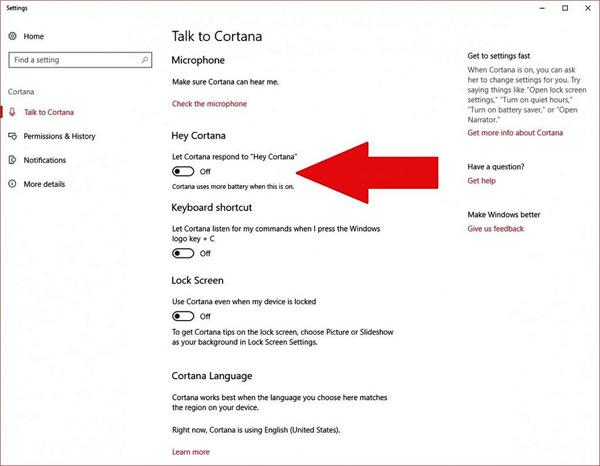 Chuyển mục 'Hey Cortana' sang trạng thái Off