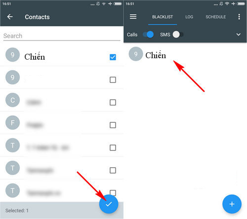 Chọn số liên lạc trong danh bạ