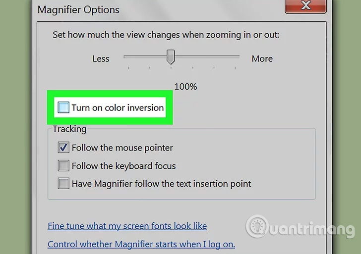 Tích vào ô vuông nằm cạnh dòng chữ "Turn on color inversion"