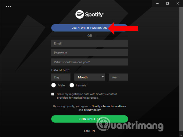 Đăng ký Spotify với Facebook 