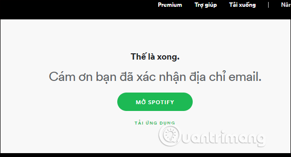 Thông báo đăng ký Spotify thành công