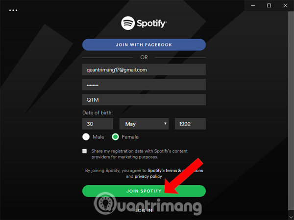 Thông tin đăng ký Spotify