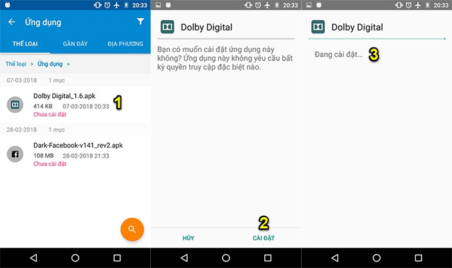 Mở tệp tin APK Dolby Digital v1.6 vừa tải để tiến hành cài đặt.