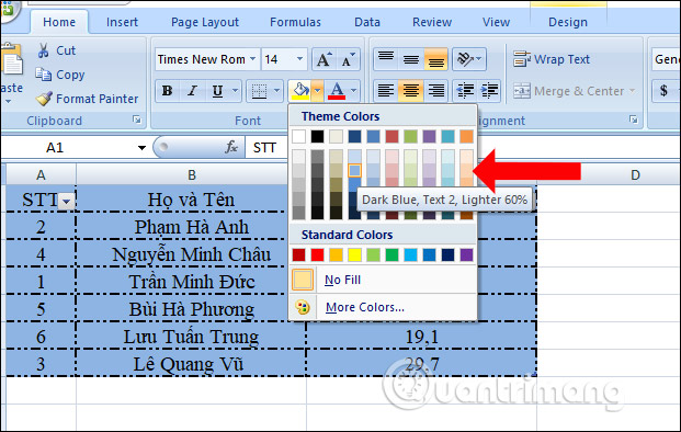 Màu nền cho bảng biểu