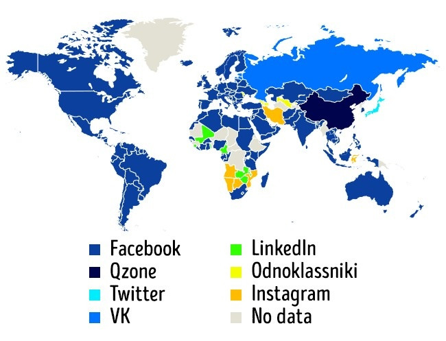 Bản đồ phương tiện truyền thông xã hội phổ biến nhất ở các quốc gia