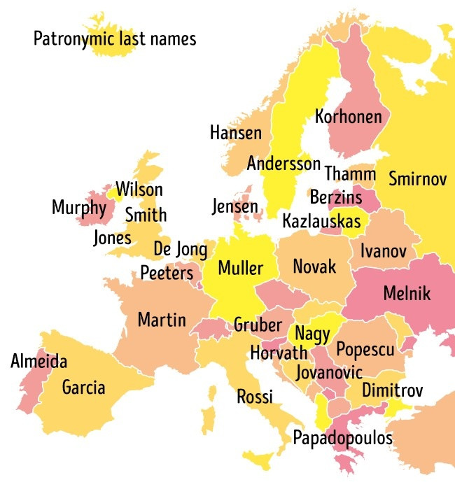 Bản đồ các họ phổ biến nhất châu Âu