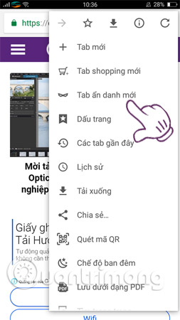 Chọn mục Tab ẩn danh mới