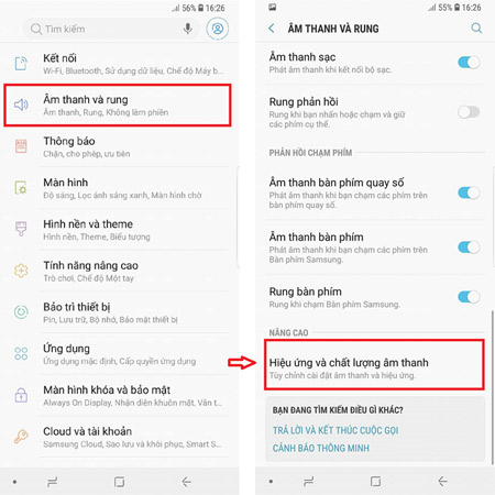 Vào Cài đặt > Âm thanh và rung > Hiệu ứng và chất lượng âm thanh