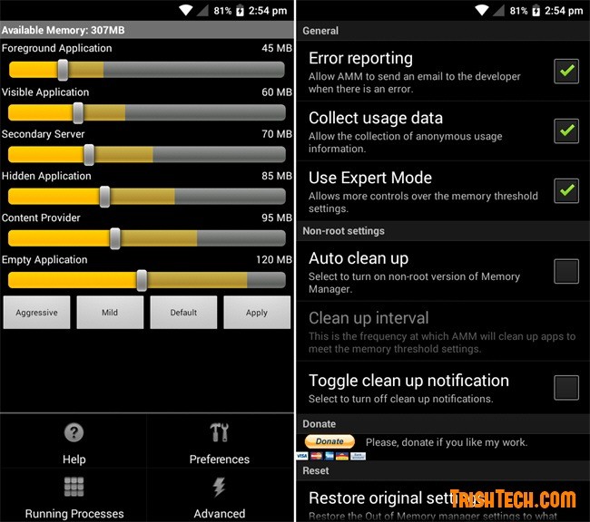 Các cài đặt của Auto Memory Manager