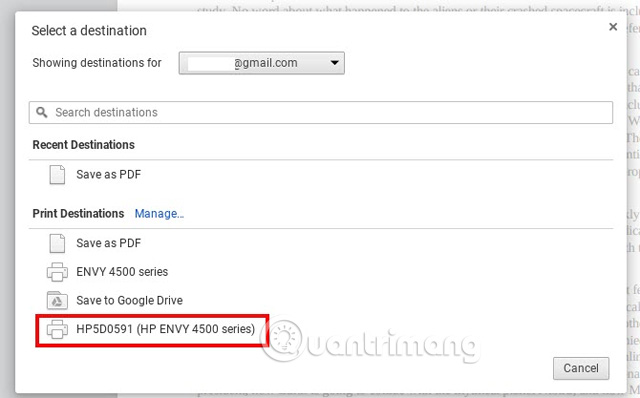 Xuất hiện máy in khi nhấn tùy chọn in trên Chrombook