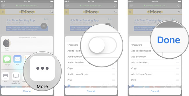 Chọn Done để kích hoạt action extension trên iPhone
