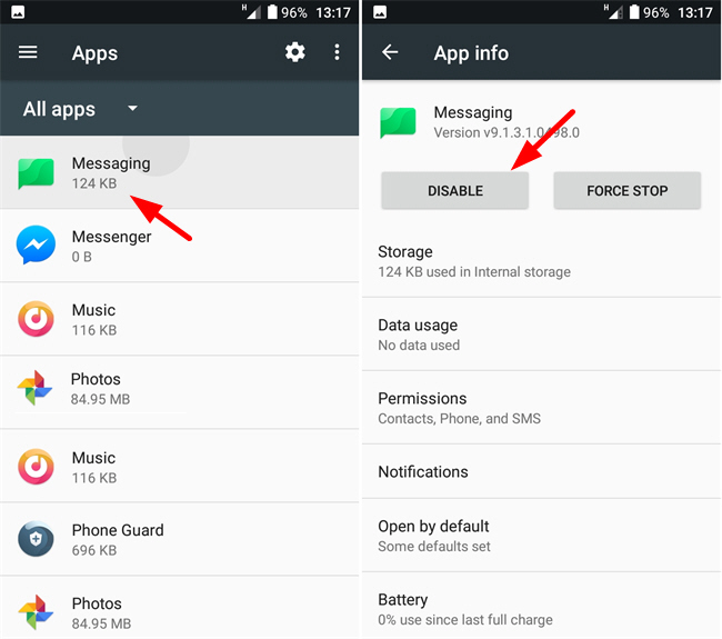 Tắt ứng dụng nhắn tin mặc định trên Android