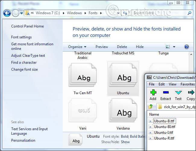Thả file phông chữ vào thư mục Fonts