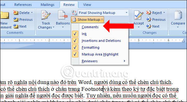 Hiện ghi chú trên Word