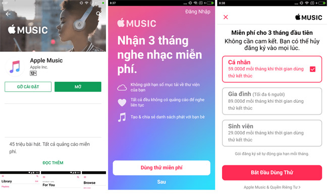 Chọn gói đăng ký Apple Music rồi nhấn Bắt Đầu Dùng Thử