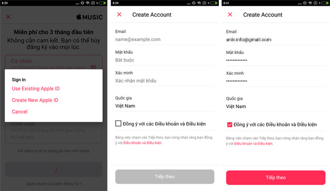 Nhấn nút Create New Apple ID để tạo tài khoản Apple ID, nếu đã có nhấn nút Use Existing Apple ID