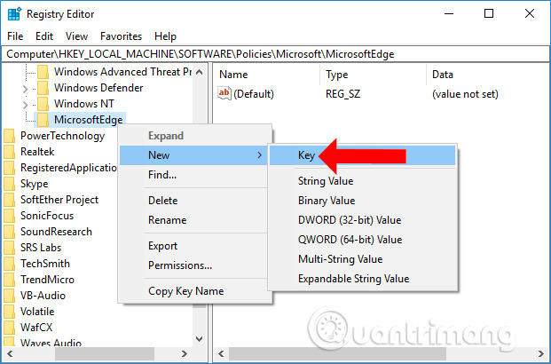 Tạo key mới cho MicrosoftEdge 