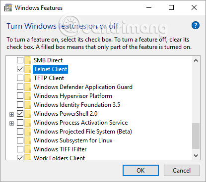 Tích vào ô Telnet Client