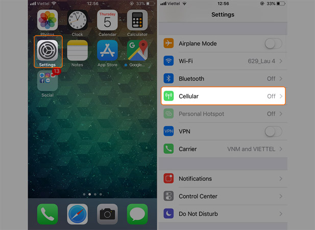 Vào Settings chọn Cellular 