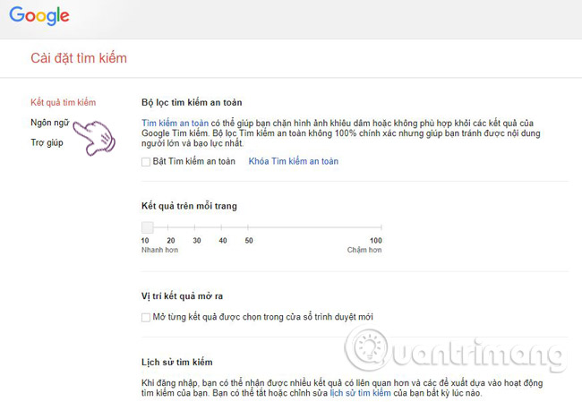 Chọn mục Ngôn ngữ 