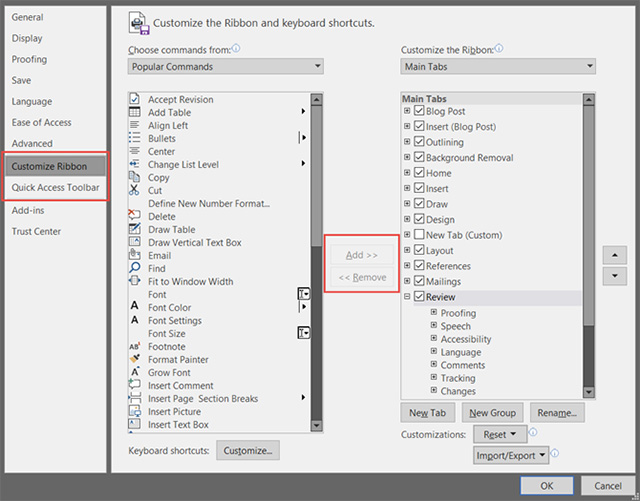 Thay đổi các tùy chọn trên Ribbon và Toolbar
