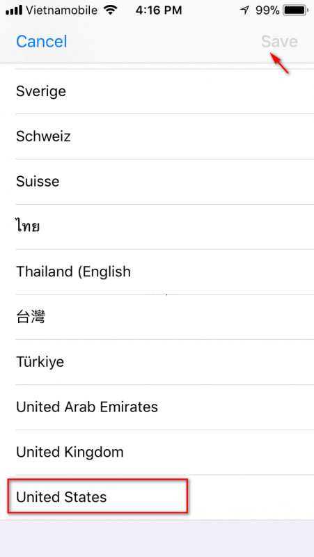 Chọn mục United States