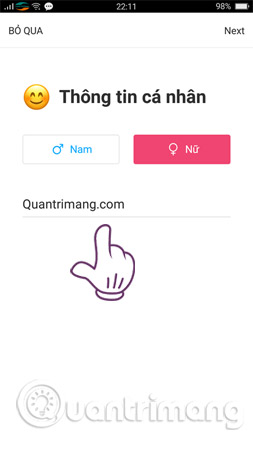 Chọn Giới tính và đặt Nick name