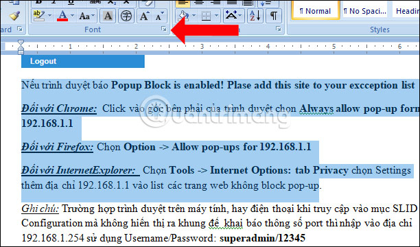 Mục thiết lập Font 