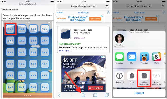 Chọn vị trí icon > Chọn biểu tượng Share > Add to Home Screen