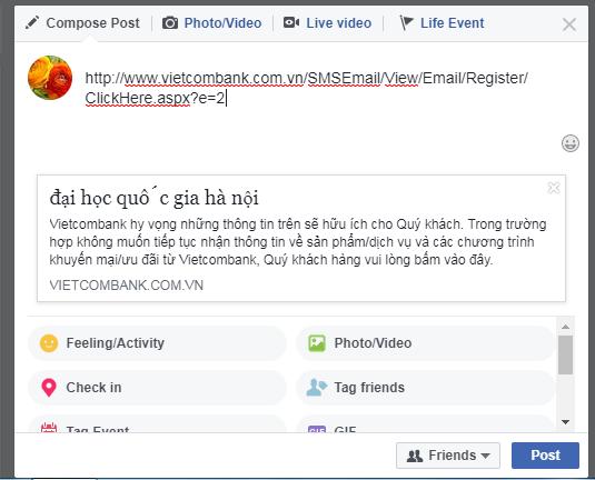 Ảnh bìa của trang con này lại hiển thị tiêu đề "Đại học Quốc gia Hà Nội" khi được chia sẻ qua Facebook