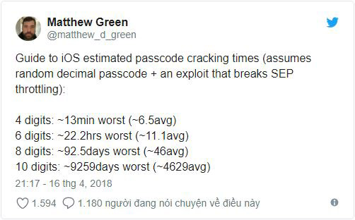 Ước tính thời gian phá mật mã của GrayKey Box đối với các loại Password số trên iPhone 