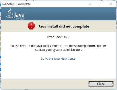 Thông báo lỗi 1601 khi cài Java