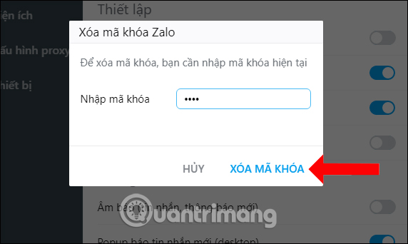 Xóa mã khóa Zalo