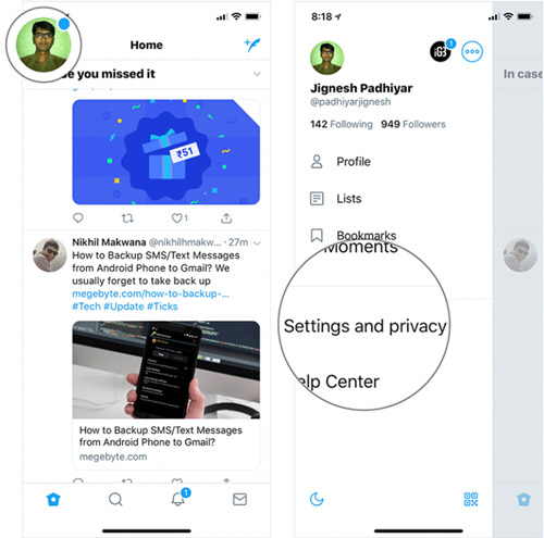 Chọn Settings and privacy