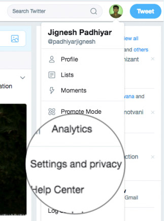 Chọn Settings and privacy trên Twitter