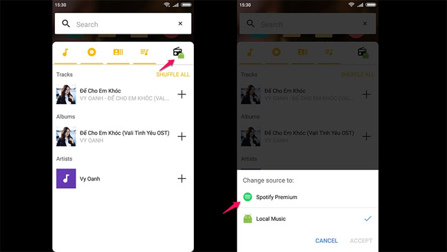 Ứng dụng còn phát các bài hát từ tài khoản Spotify Premium