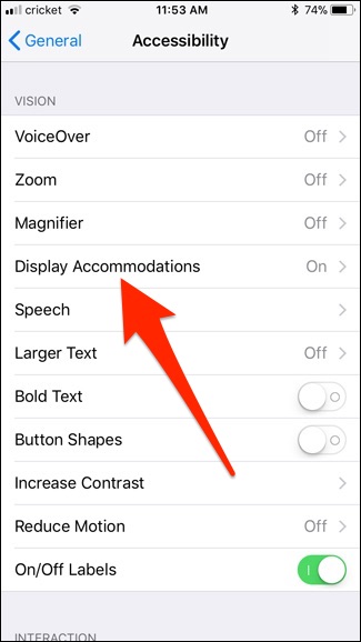 Chọn Display Accommodations để thay đổi ánh sáng trắng trên màn hình iPhone