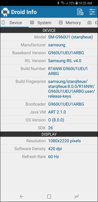 Dùng Droid Info xem thông tin model điện thoại Android