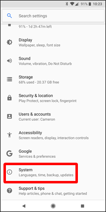 Chọn Hệ thống để xem thông tin điện thoại Android