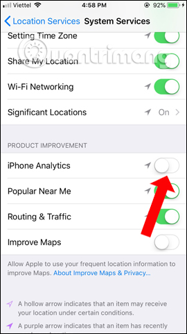 Tắt phân tích dữ liệu iPhone 