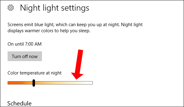 Windows 10 April 2018 Night light Action color