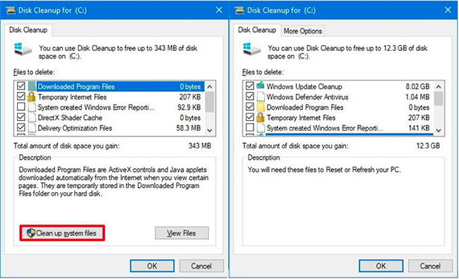 Chọn Clean up system files và kiểm tra tất cả các mục trong này 